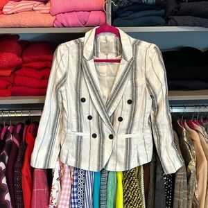 Loft 51% linen ivory with gray stripes one button closure blazer size 0